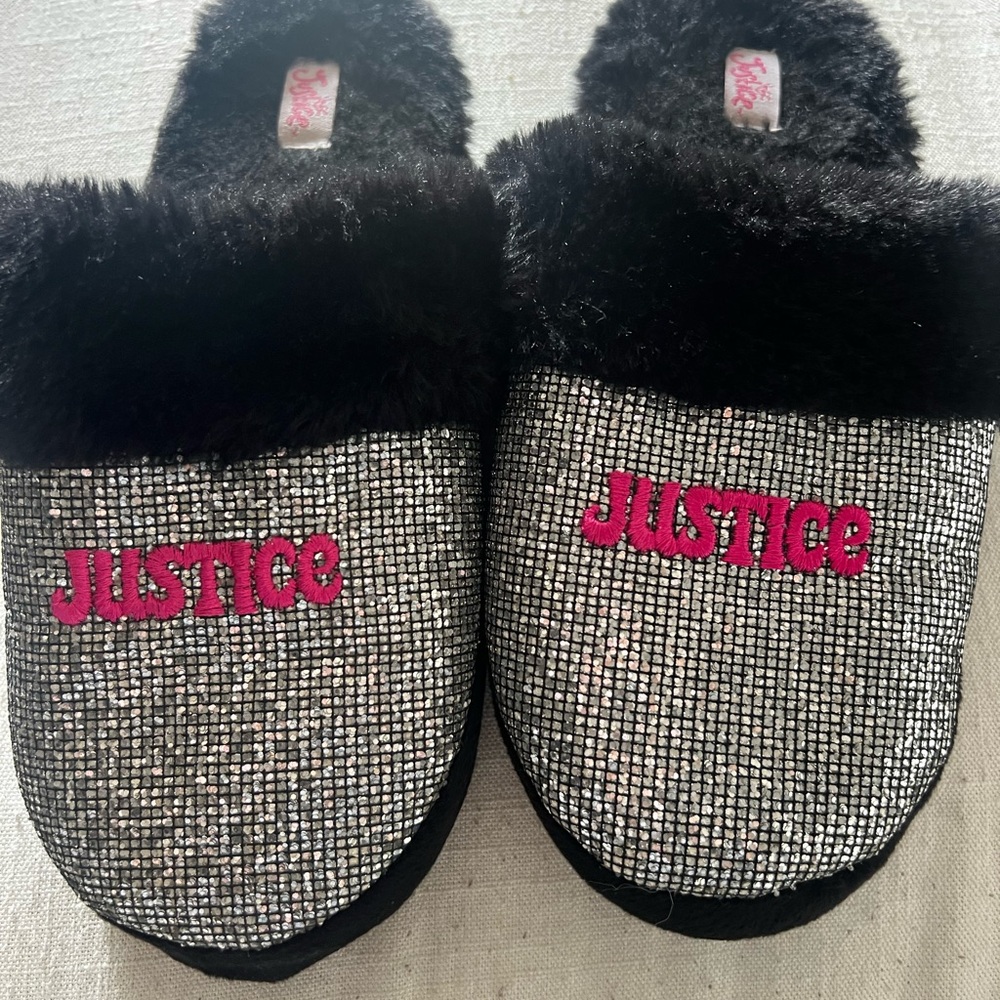 Justice Kids' Sparkly Black and Silver Slippers